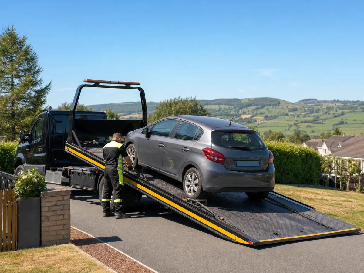 Vehicle being loaded onto a recovery truck at a dry East Lancashire collection point