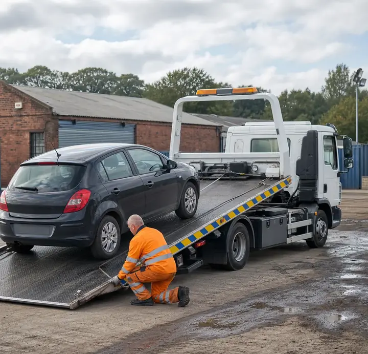 Recovery truck safely loading a car for collection near Blackburn