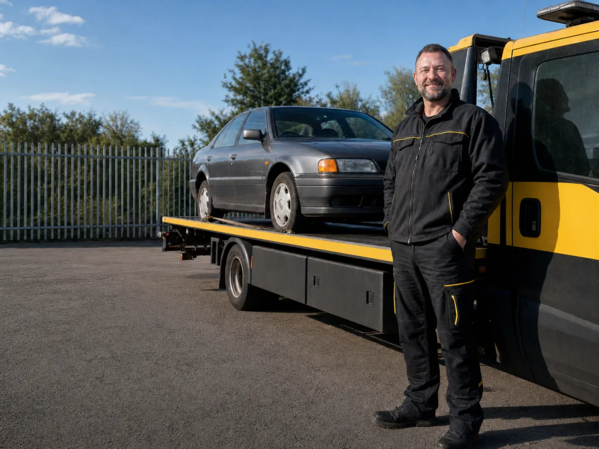 Vehicle recovery team preparing a local scrap car collection near Baildon