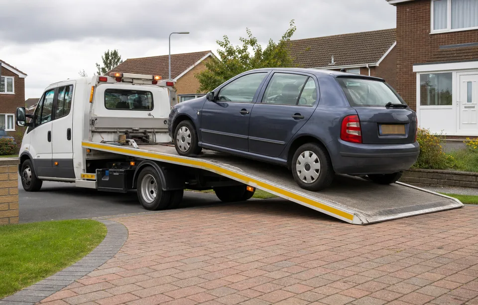 Recovery truck collecting a car from a Blackburn home