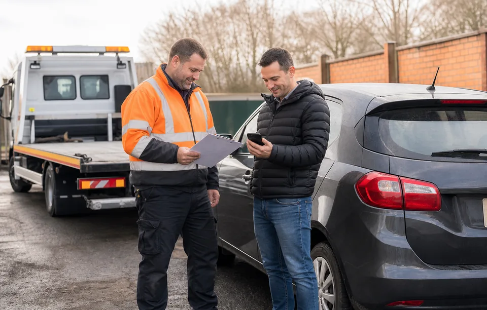 Vehicle owner confirming bank-transfer payment after handover checks