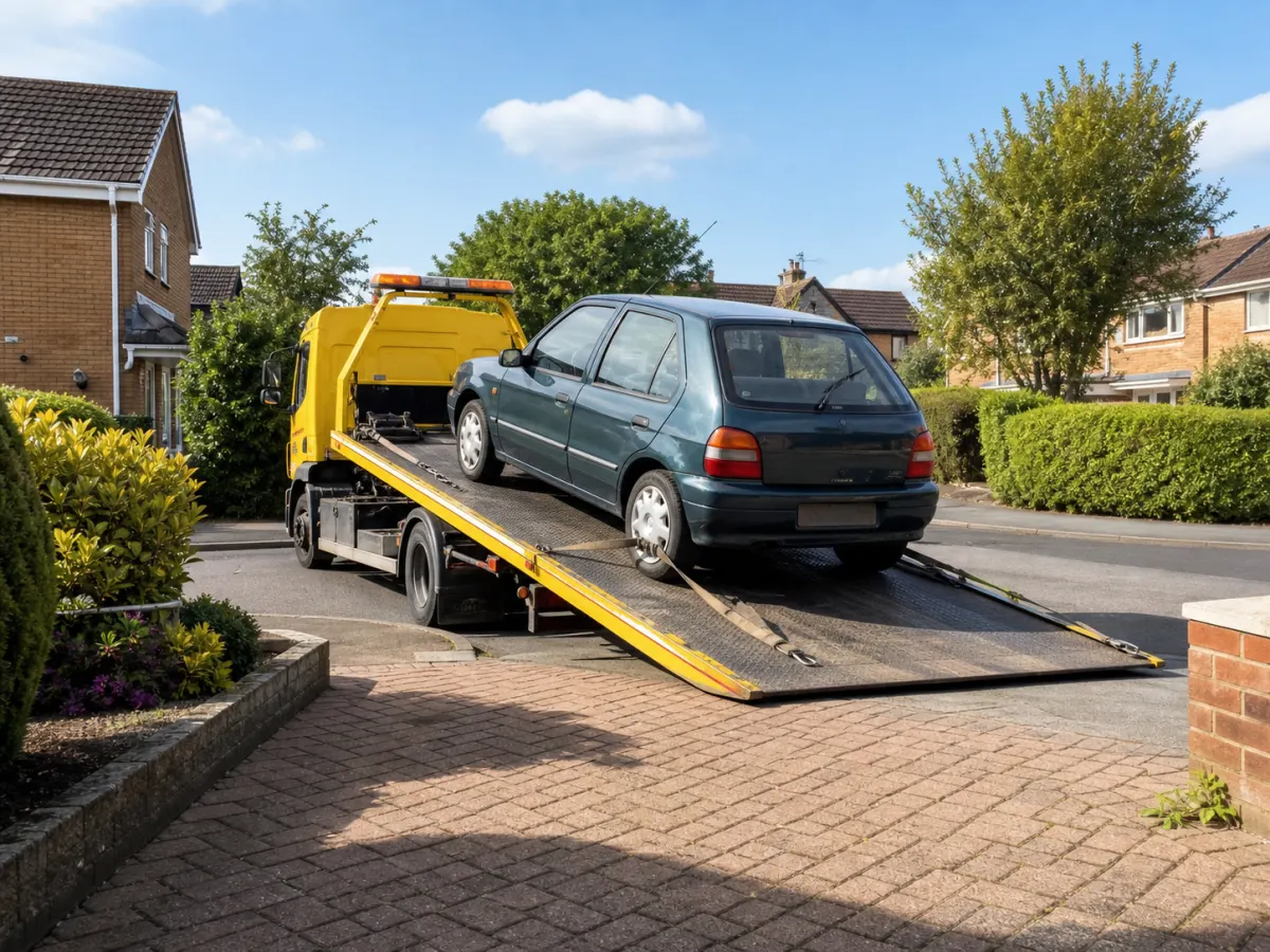 Flatbed collecting an older hatchback from a Blackburn driveway in dry daylight