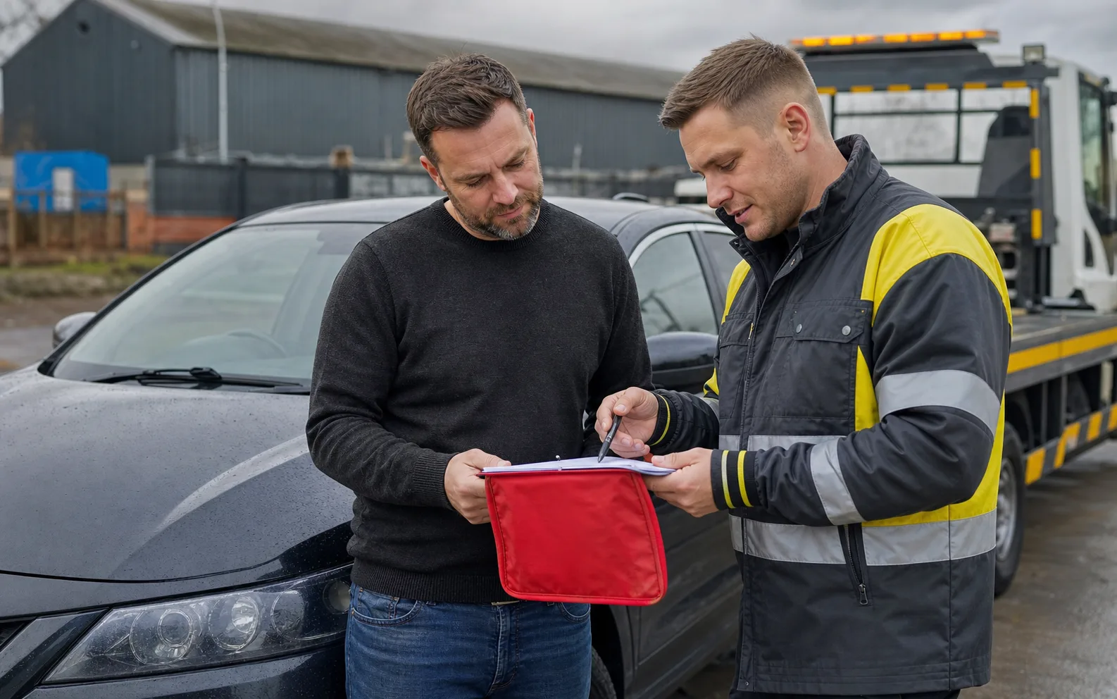 Recovery worker completing vehicle collection paperwork in Blackburn