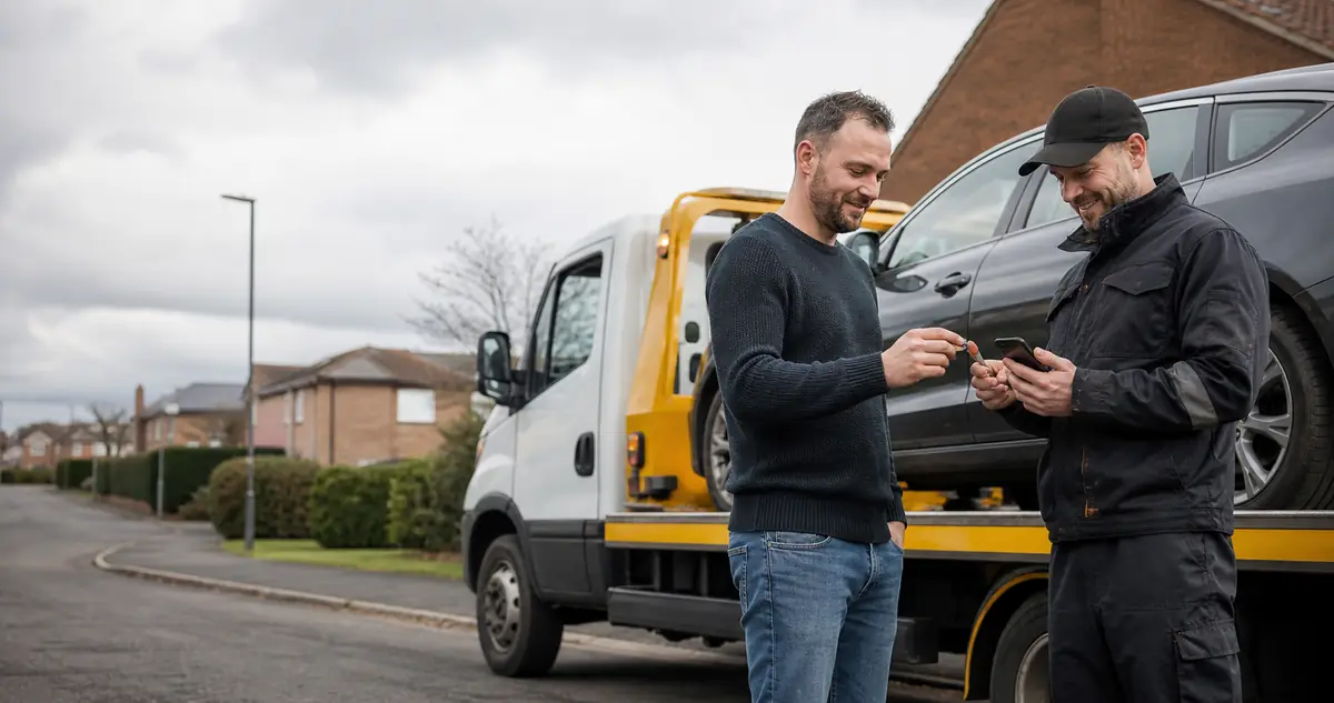 A vehicle owner completing a scrap car collection handover